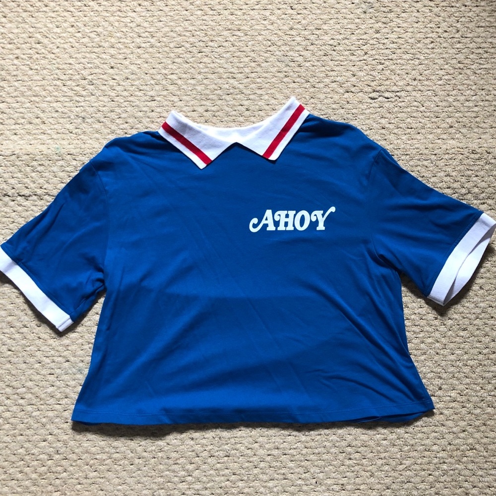 Ahoy Blue Short Sleeve Crop Tee with Contrast Collar